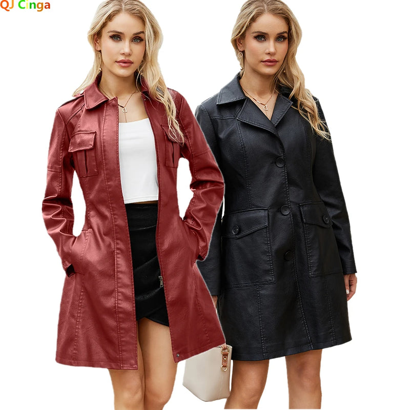 Women's Red Long Waist Lace-up Leather Jacket,2026 New Black Lapel PU Windbreaker Jacket Fashion Female Single-breasted Overcoat