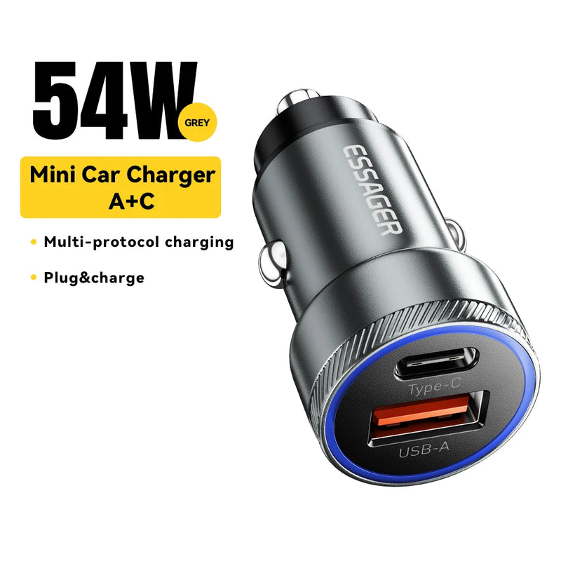 ឆ្នាំងសាករថយន្ត Essager 54W USB 5A សាកលឿន 3.0 QC PD 3.0 SCP AFC 30W USB ប្រភេទ C សាកលឿនសម្រាប់ iPhone Huawei Samsung Xiaomi