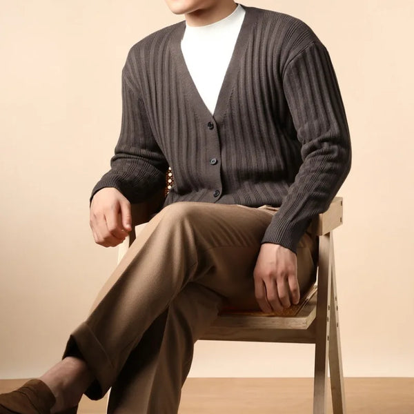 Men's V-Neck Knitted Cardigan – Long Sleeve Button-Up Cable Knit Sweater Outerwear, Casual Slim Fit