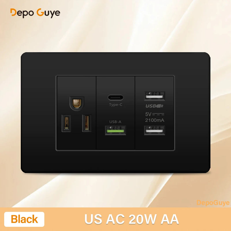 Italy Chile Mexico Outlet with USB Smart Type-c 20W Fast Charging Wall plug,Brazil Electric Light Switch Dual usb Power Socket