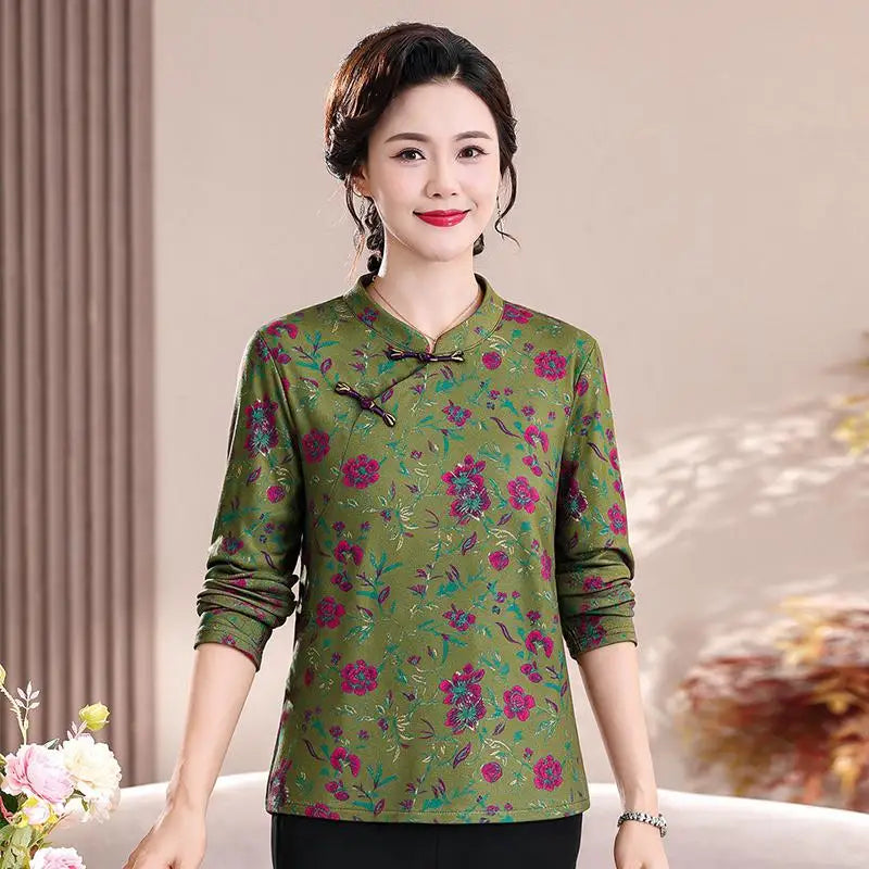 អាវយឺតដៃវែងស្ទីលអាស៊ីសម្រាប់ស្ត្រីរដូវស្លឹកឈើជ្រុះថ្មី អាវកអាវ cheongsam ផ្កាធម្មតា