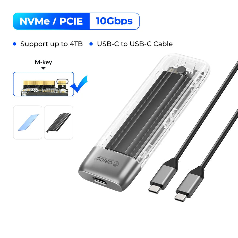 ORICO M.2 SSD Case NVME SATA SSD Enclosure Tool Free 10Gbps M.2 to USB Type C Transparent External Adapter Portable