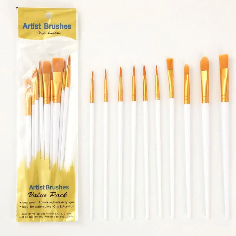 10 Pcs Nylon Hair Paint Brushes Set, Pearl Plastic Handle Watercolor Oil Acrylic Painting Brush for Students Beginners