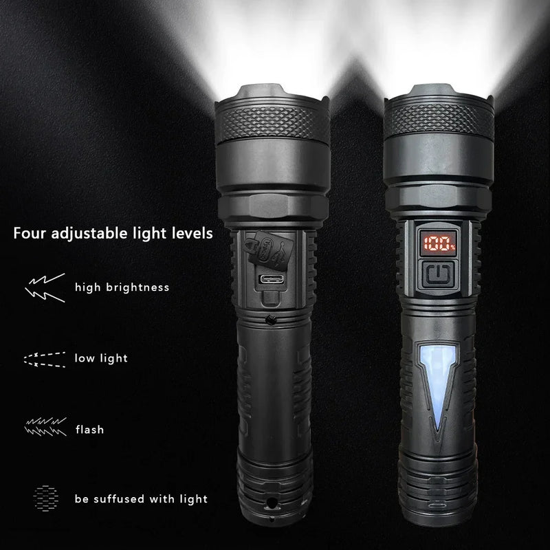 ចង្កៀង LED ដែលអាចសាកបាន 1500W ចល័តខ្លាំង មានថ្មភ្ជាប់មកស្រាប់ ធន់នឹងទឹក ពិល LED ថាមពលខ្ពស់ ភ្លើងពិលឡាស៊ែរពណ៌ស ភ្លើងពិលក្រៅផ្ទះ