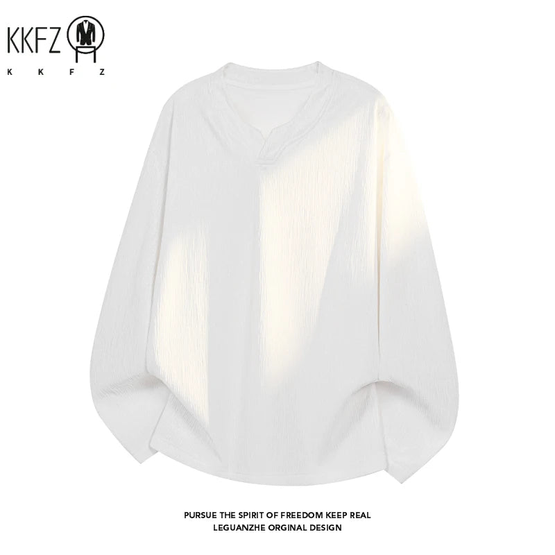 Men Breathable Crinkle Textured Long Sleeve Top Notched V Neck Curved Hem Oversized Fit For Multi Occasion Dressing