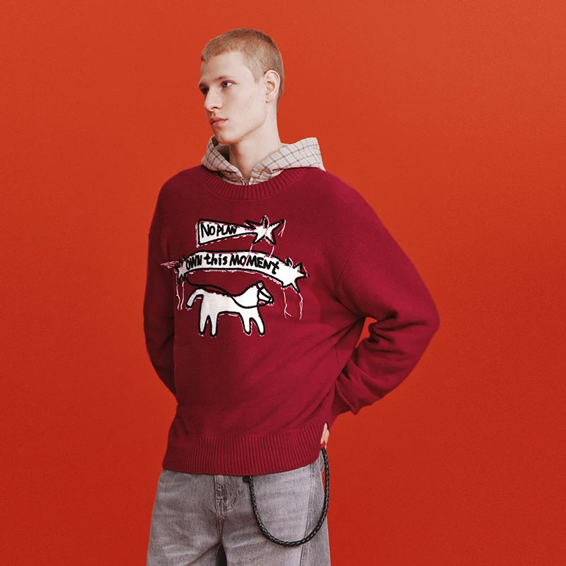 Semir Red Sweater Men 2026 Spring Loose Crew Neck Letter Jacquard Tassel Casual Comfortable Fashion Knitwear Daily Top