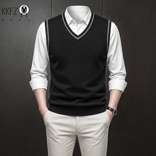 Mens Sleeveless V Neck Knit Sweater Vest Contrast Rib Edge Soft Elastic Knitwear Formal Office Layering Tank Top Fall