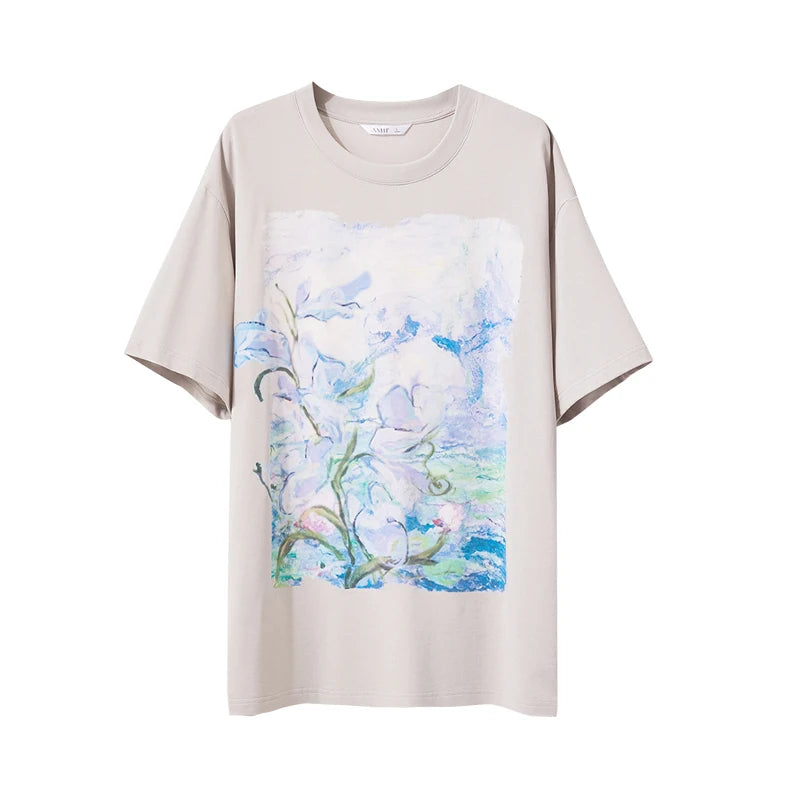 អាវយឺត Amii Minimalism សម្រាប់ស្ត្រី 2025 រដូវក្តៅថ្មី ដៃខ្លី កប្បាស មធ្យម សិល្បៈ គំនូរប្រេង បោះពុម្ព អាវធម្មតាសម្រាប់ស្ត្រី 12642221