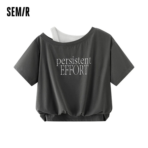 អាវយឺតស្ត្រី Semir ឆ្នាំ ២០២៦ ខ្លីរាងជារង្វង់អក្សរធំពីរដុំស្មារាងចតុកោណកែងទាន់សម័យស្លីមសមធម្មតា