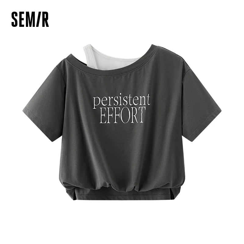 Semir Womens Tshirt 2026 Short Ruffle Oversized Letter Fake Two Piece Oblique Shoulder Stylish Slim Fit Casual