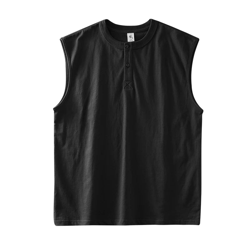 DUKEEN 100% Cotton Henley Collar Vest Men's Clothing Sleeveless Tops Oversized T-Shirt Solid Color Gym T-Shirt Man 11.3Oz