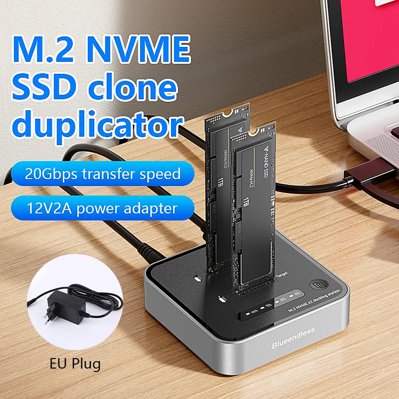 ឧបករណ៍អាន M.2 NVME SSD ក្លូន M.2 NVme SSD ច្រកពីរ Blueendless 20Gbps USB3.2 ប្រភេទ C ចម្លងក្លូនក្រៅបណ្តាញ NVme PCIE Enclosure