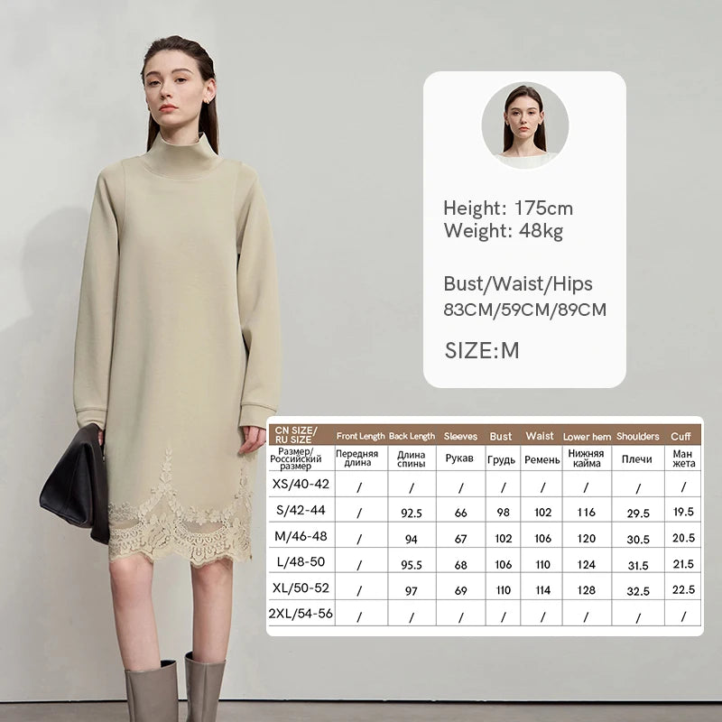 រ៉ូប Amii Womens រដូវរងាឆ្នាំ ២០២៥ រ៉ូបថ្មី Minimalist Solid Turtleneck រលុងសម្រាប់នារីៗ សម្លៀកបំពាក់ចរ Patchwork Lace 12543136