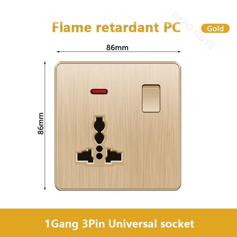 Gold Universal 3/5Pin Plastic Power Socket,UK Wall Outlet With 2.1A Dual USB Port,220V Electrical 2way Switch TV Computer CAT6