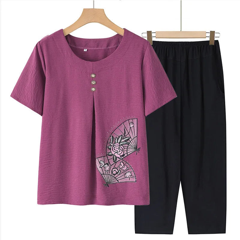 ឈុតគេងសម្រាប់ស្ត្រី XL-5XL ខោកាព្រីដៃខ្លី កប្បាស បោះពុម្ពបែបវីនថេច សម្លៀកបំពាក់សម្រាប់យាយ រលុង ម្តាយចាស់ជរា