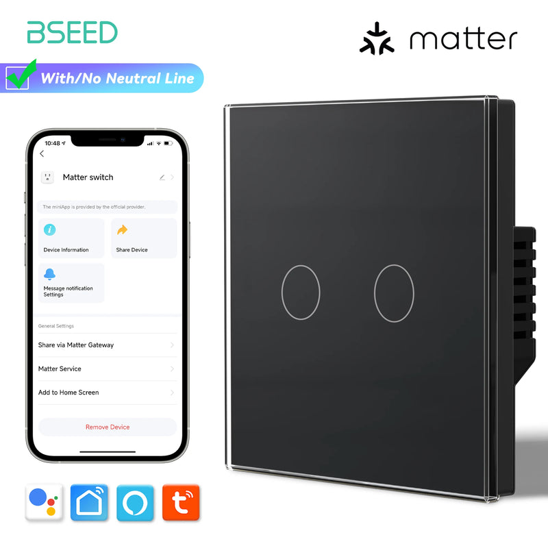 BSEED Matter WIFI Touch Switch 1/2/3Gang Smart Light Switch Support Apple Home Tuya APP Google Assistant Alexa Voice Control