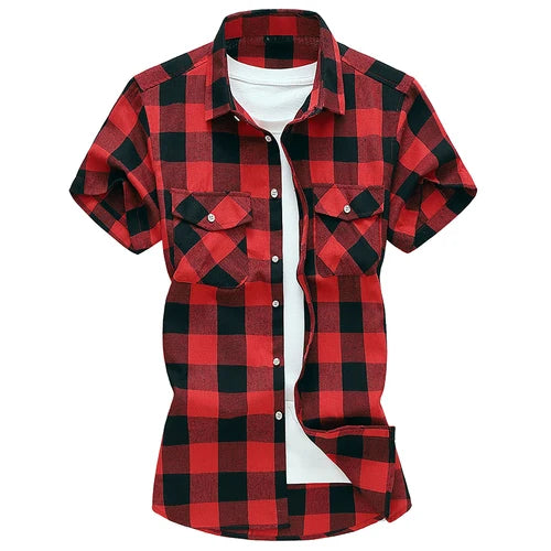 Men Red Striped Plaid Short-sleeved Shirt, Single-breasted Square Collar Cotton Shirts Summer Fashion Casual Camisa Men Chemise