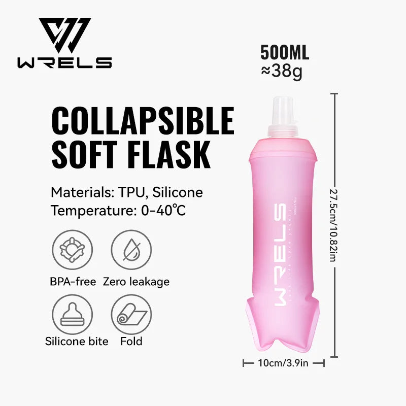 WRELS Soft Flask BPA Free TPU Collapsible Water Bottle Lightweight Foldable Hydration Bottle Wide Mouth Running Squeeze Bottle