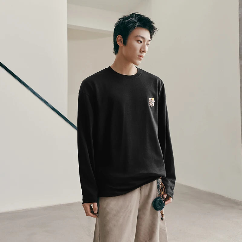 Semir Men Tshirt Long Sleeve Loose Crew Neck Embroidered Detail 2026 Autumn Couple Casual Pullover Everyday Top