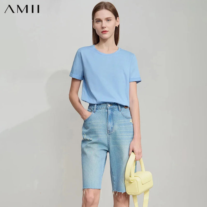 AMII Top Women 2026 Summer New O-Neck Short Sleeve Casual T Shirts Versatile Knit Embroidery Cotton Woman Top Female 12522142