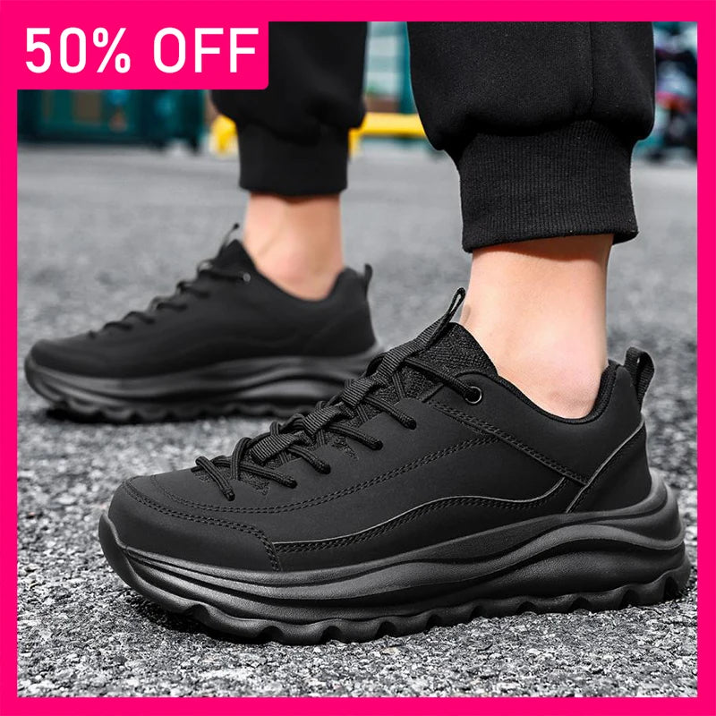 Men Sports Shoes Trendy Black Leather Comfortable Breathable Thick Bottom Rebound Youth Daily Wear Outdoor Running Casual Shoes