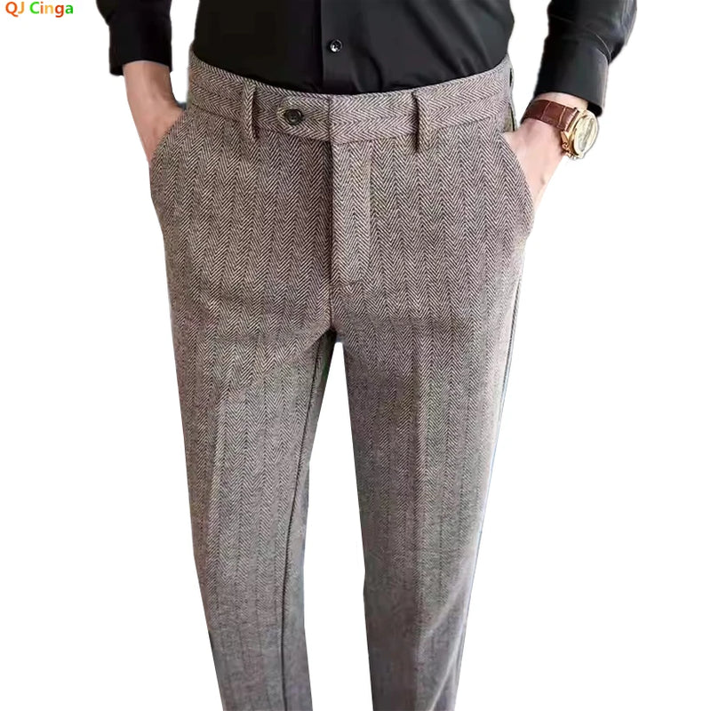 2026 Men's Black Herringbone Pants, Winter Fashion Slim Trousers, Gray, Brown, Coffee, Apricot, Green To Choose From,Asian Size