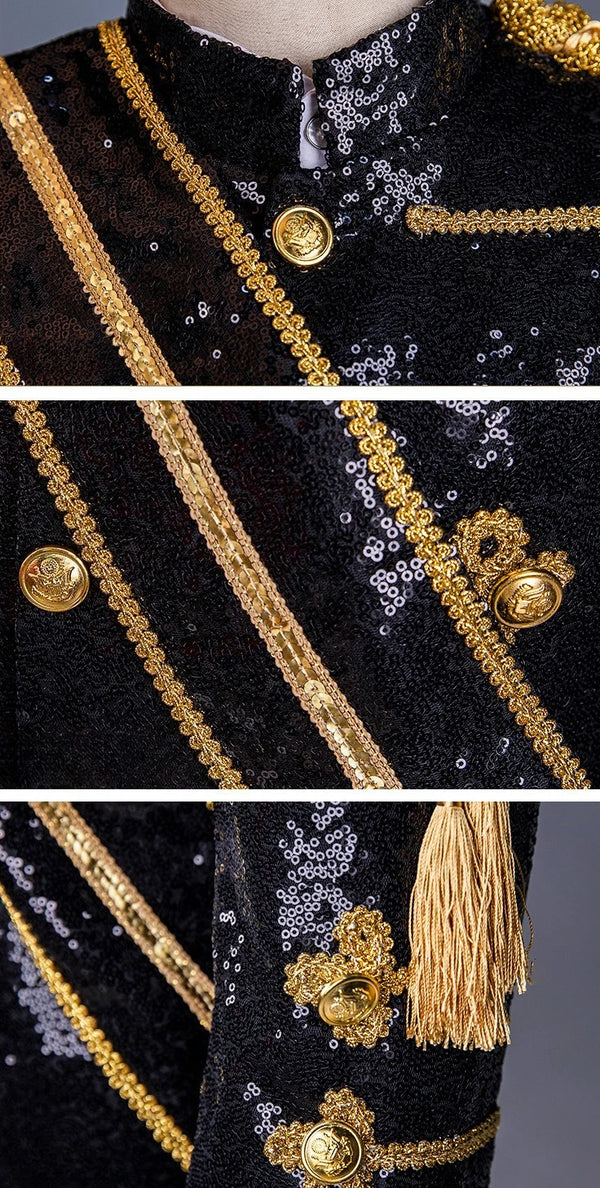 Men's Black Stand-up Collar Jacket in A Court-style Design with Gold Buttons; Ideal for Nightclubs, DJs, Stage Performances.