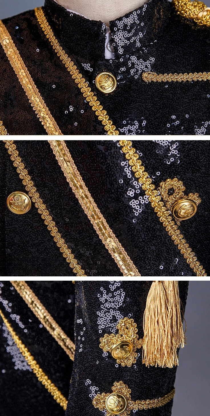 Men's Black Stand-up Collar Jacket in A Court-style Design with Gold Buttons; Ideal for Nightclubs, DJs, Stage Performances.