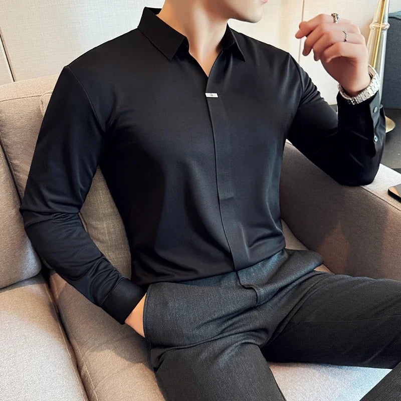 Men's Special V-neck Long-Sleeved Polo Shirt, High-Grade Elasticity Traceless Lapel T-shirt, Brown Blouse Collar Slim-Fit Top