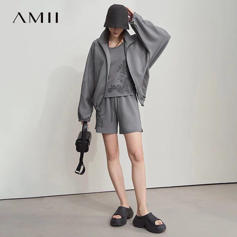 AMII Minimalist Casual Shorts for Women 2026 Summer Print Sports Style Short Pants Female Knitting Straight Pant Woman 12522004