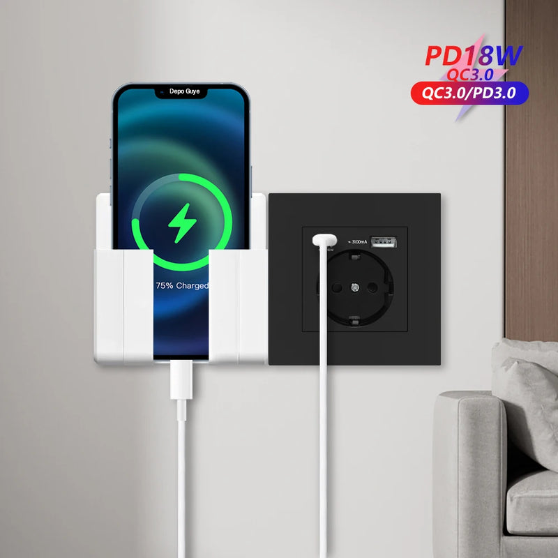 EU Standard Double USB Wall Power Socket,Electrical Socket Wall Plug with Type-c Usb Fast Charing Port 16A PC Panel Outlet 220V