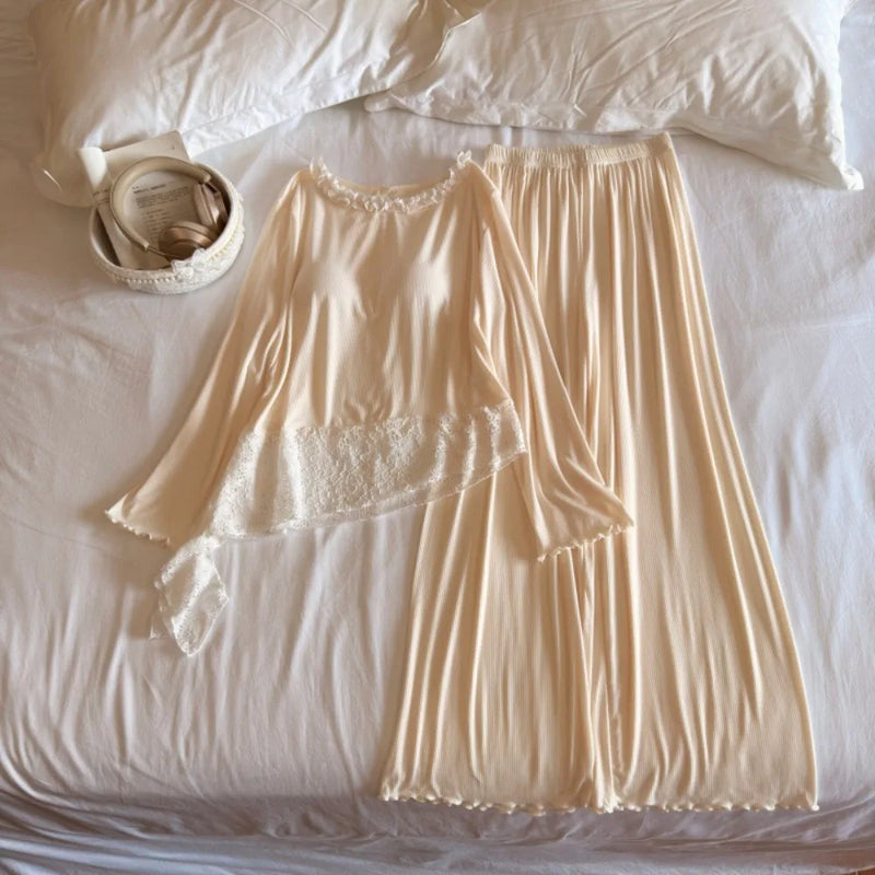 2 Piece Nighty Women's Pajamas Home Wear Chest Pads Pyjamas Autumn Long-Sleeve Top with Elastic Pants Nightwear Woman Sleepwear