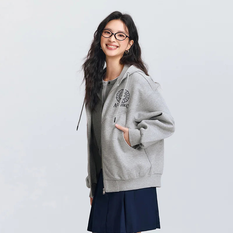 Semir Textured Jacket Women Spring Hooded Letter Embroidery Loose Drop Shoulder Split Design Preppy Style Casual Top