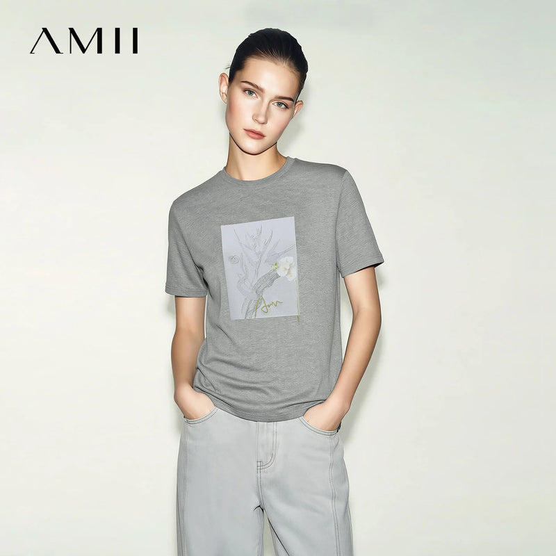 Amii Women's Short Sleeve T-shirt 2026 Summer New Letter Embroidered O-Neck Printed Cotton Stretch T-Shirt Casual Top 12622138