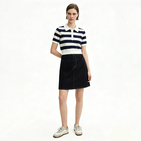 Amii Stripe Women's Knit Top 2026 Summer New Polo Neck Short Sleeve Sweater Slim Fit Casual Cropped Pullover For Women 12622209