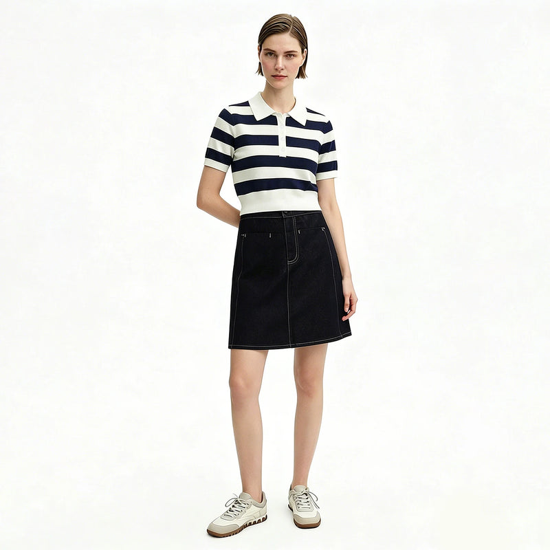 Amii Stripe Women's Knit Top 2026 Summer New Polo Neck Short Sleeve Sweater Slim Fit Casual Cropped Pullover For Women 12622209