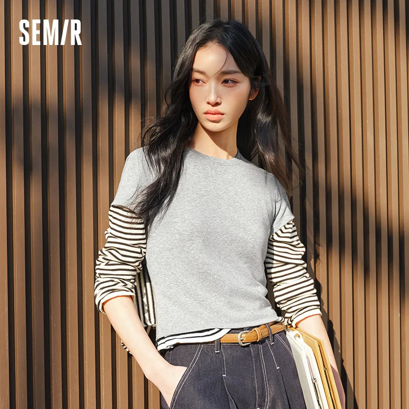 Semir Women Tshirt Cropped Solid Color Slim Crew Neck Short Sleeve Summer 2026 Minimal Casual Fashion Style Top