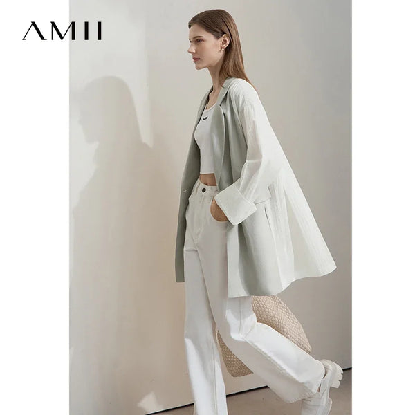 អាវក្រៅធម្មតាសម្រាប់នារី Amii Minimalist រដូវស្លឹកឈើជ្រុះឆ្នាំ ២០២៥ ធ្វើពីក្រណាត់ Lyocell Linen Collision Splicing Crumple Texture Loose Blazer 12551008