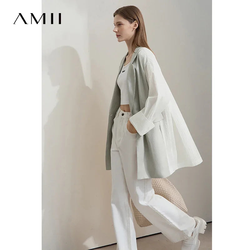 អាវក្រៅធម្មតាសម្រាប់នារី Amii Minimalist រដូវស្លឹកឈើជ្រុះឆ្នាំ ២០២៥ ធ្វើពីក្រណាត់ Lyocell Linen Collision Splicing Crumple Texture Loose Blazer 12551008