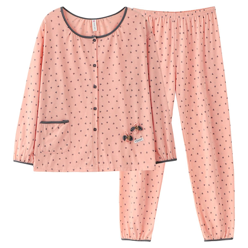 Spring Autumn O-Neck Pyjamas Female Pajamas Sets Elegant Floral Japanese Kimonos For Women Big Yards M-3XL Cotton Home Clothes