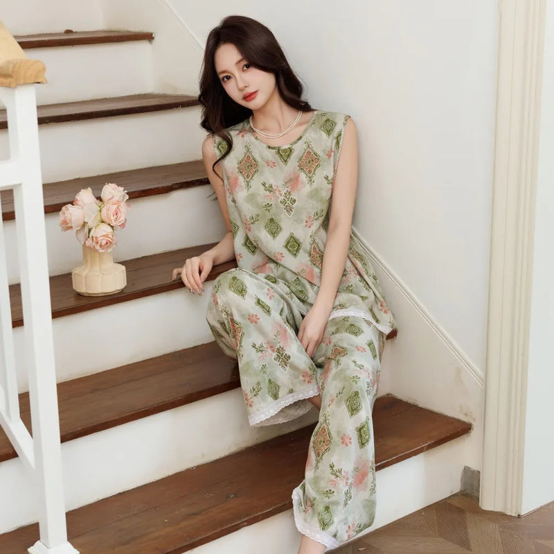 Floral Sleepwear Women's Pajamas Summer 2 Piece Set Night Wear for Ladies Sleeveless Pajamas Female Clothing Pyjama Set Woman