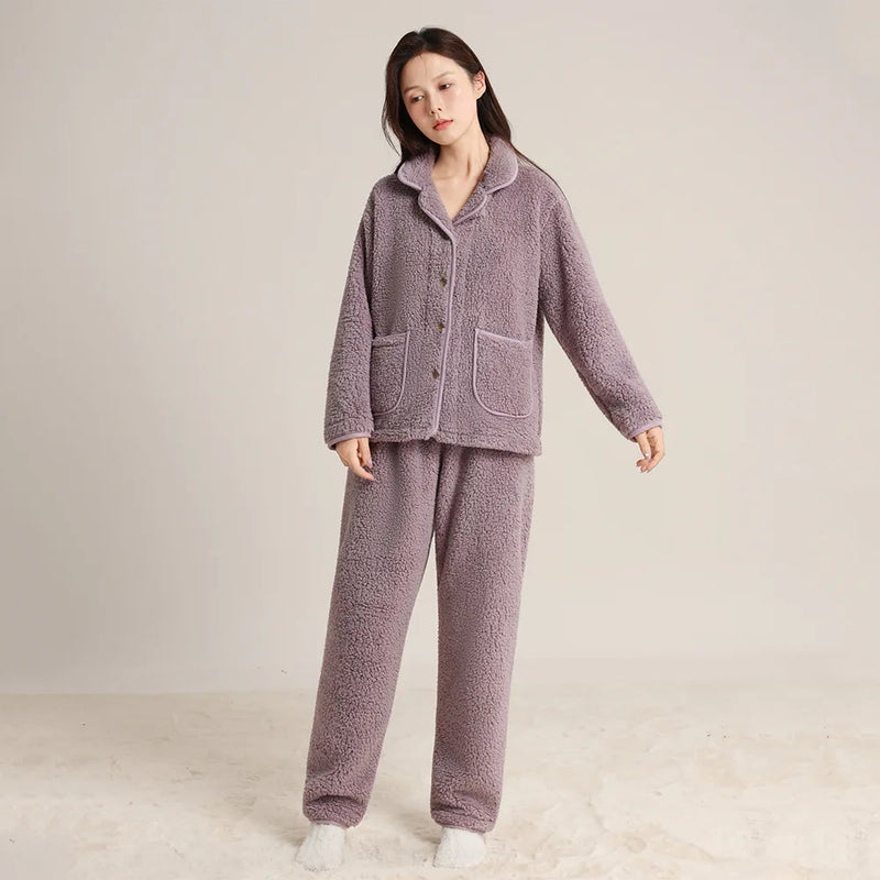 Pyjamas Femme Hiver Coral Fleece Warm Sleepwear Set New Thick Flannel Home Clothes For Women Hot Winter Pajamas Suit Female