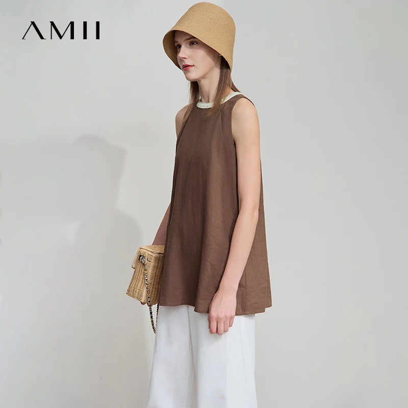 AMII Holiday Summer Vest Women 2026 Round Neck Solid Stitching Textured Ribbon Loose Vests Female Fashion Office Lady 12552045