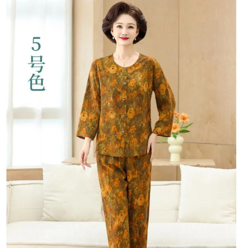 Middle-aged XL-4XL LARGE Home Wear Nightwear for Women Pajamas Floral Spring New Long Sleeve Pyjamas Set Woman Night Clothes
