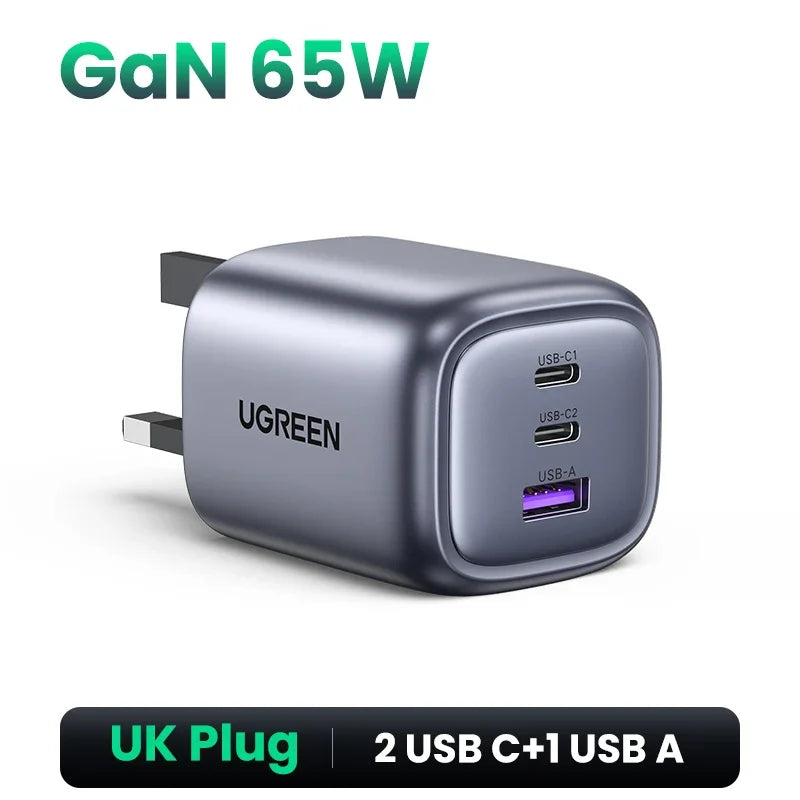 UGREEN 65W GaN Charger Quick Charge 4.0 3.0 USB C Charger for iPhone 18 17 16 Pro Max Laptop Macbook Air Tablet PD Fast Charger