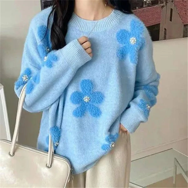 Lazy Wind Soft Glutinous Sweet Sweater Women's Autumn Winter New Korean Loose Beaded Flower Knitted Tops Ladies Pullover