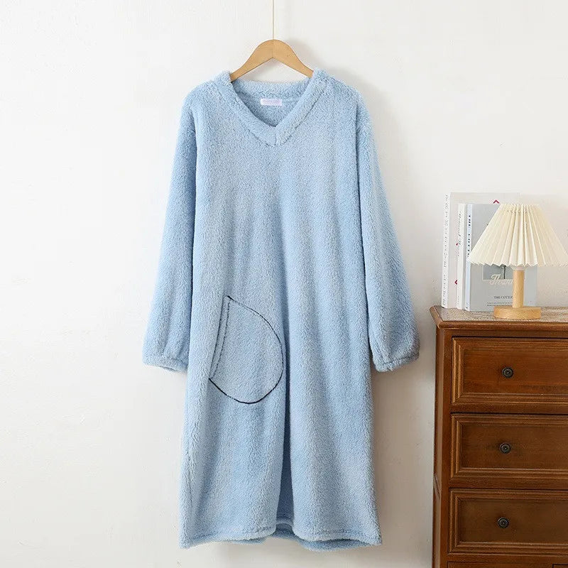 Autumn Winter Loose Coral Fleece Nightgowns Female Dressing Gowns Thick Flannel Women's Long Dress Sleeping Warm Home Clothes