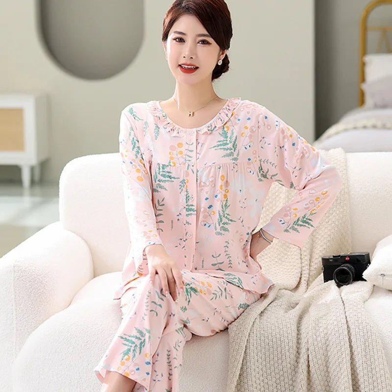 Women Spring Autumn Long Sleeve Pajamas Suit Middle Aged Mother's Home Clothes Female Outside Wear Sleepwear Two Piece Set