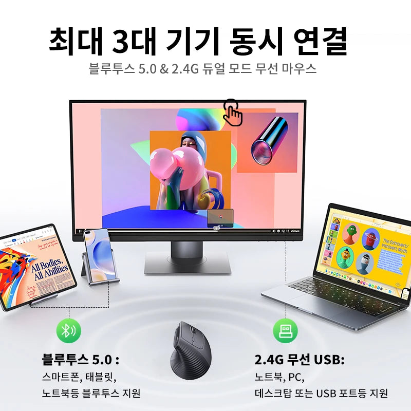 KC 인증 유그린 수직 무선 마우스 인체공학 블루투스 마우스 4000DPI 2.4G 무선마우스 맥북 태블릿 노트북 컴퓨터 PC 마우스용