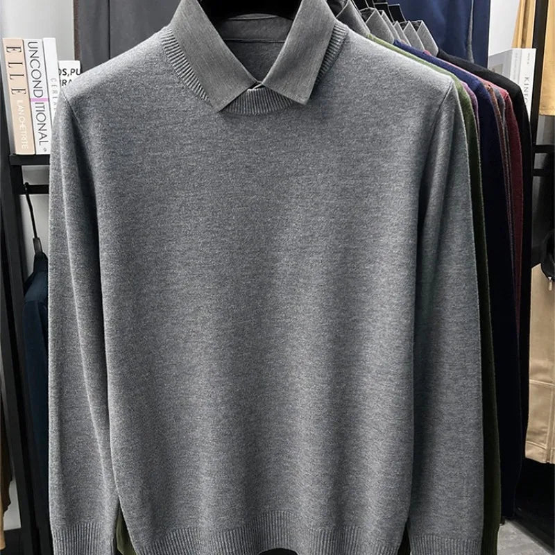 Men's Grey Faux Two-Layer Knit Sweater, Button-Down Shirt Collar with Soft Wool Blend Fabric, Smart Business Autumn Casual Wear